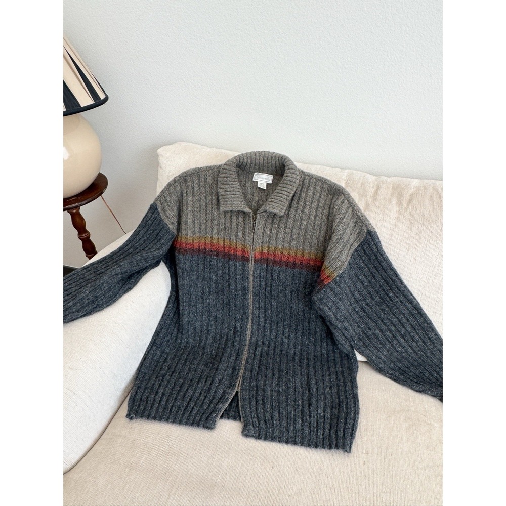 Vintage Wool Sweater Zip Up Large Stripe Knit USA Classic Men's